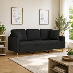 Stylish Black Fabric 3-Seater Sofa with Pillows 180cm