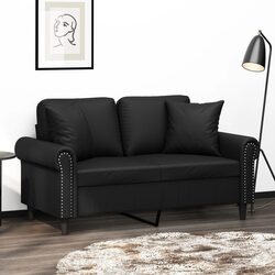 2-Seater Sofa Black Faux Leather Modern Lounge with Throw Pillows 120cm