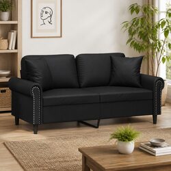 Modern 2-Seater Sofa in Black Faux Leather with Pillows