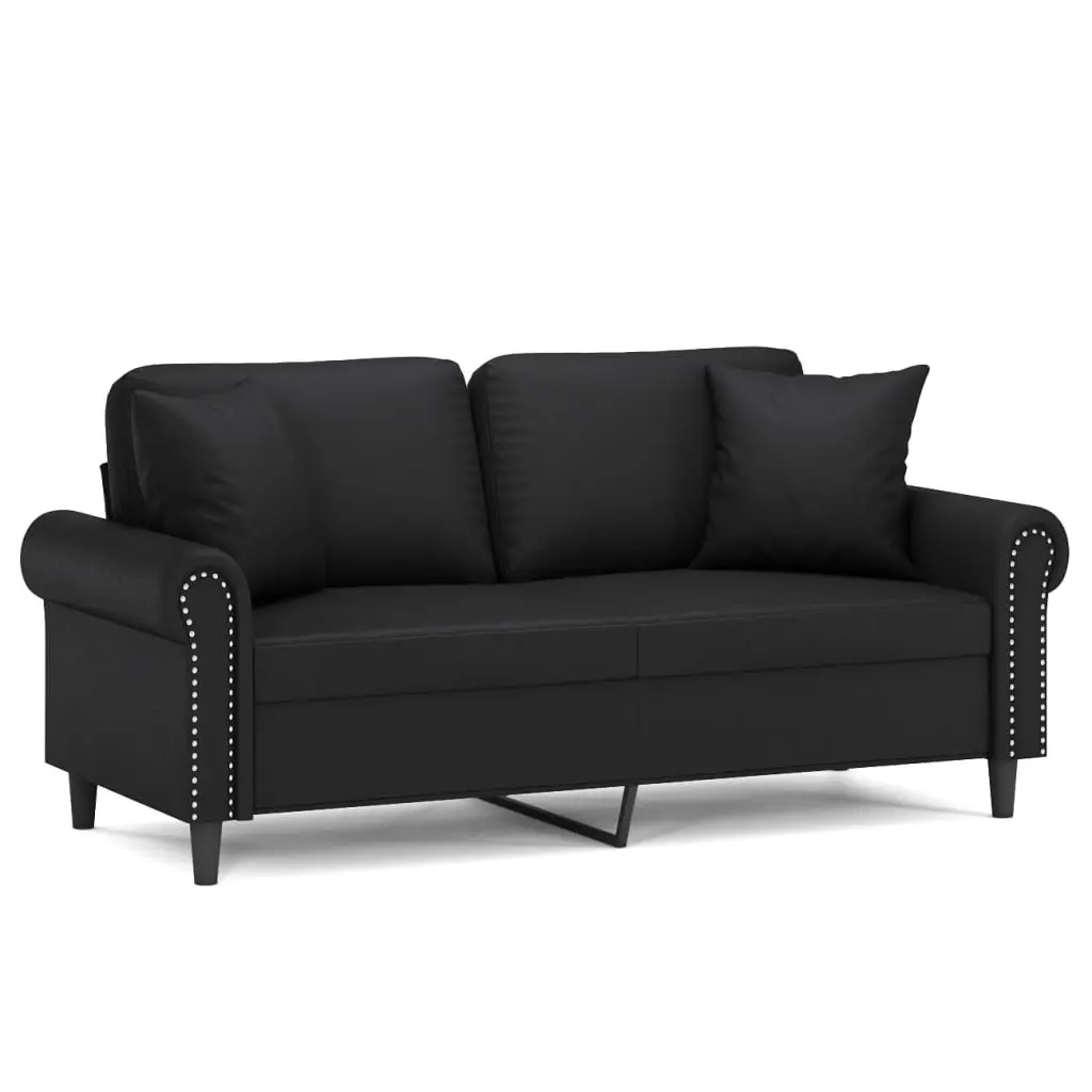 Black Faux Leather 2-Seater Sofa Modern Lounge 140cm with Throw Pillows