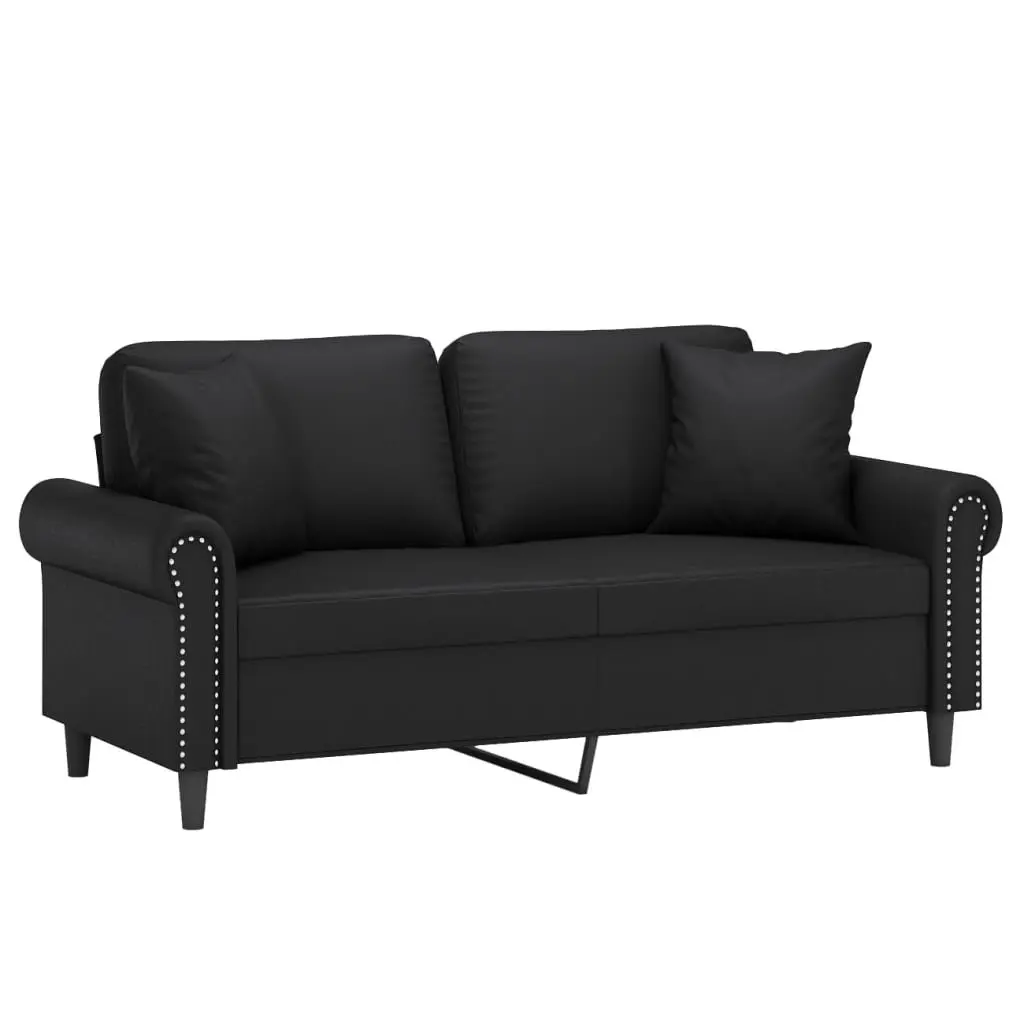 Black Faux Leather 2-Seater Sofa Modern Lounge 140cm with Throw Pillows