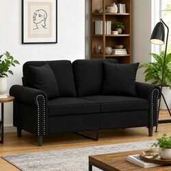 Modern Black Velvet 2-Seater Sofa with Pillows