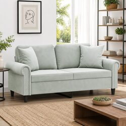 Grey Velvet 2-Seater Sofa with Throw Pillows 140cm