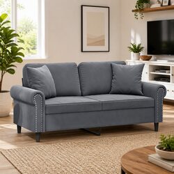 Grey Velvet 2-Seater Lounge Sofa with Pillows