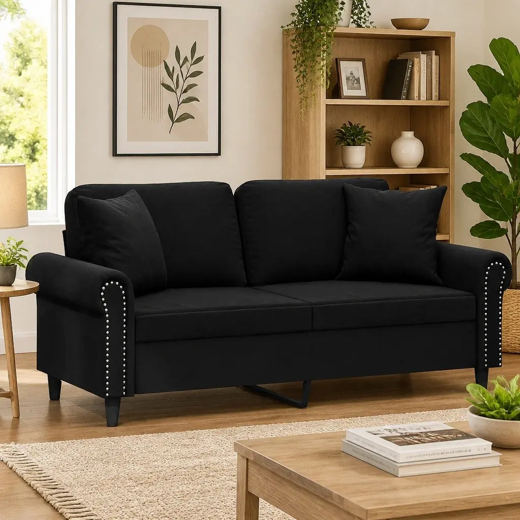 2-Seater Black Velvet Sofa with Cushions
