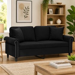Elegant 2-Seater Black Velvet Sofa with Cushions