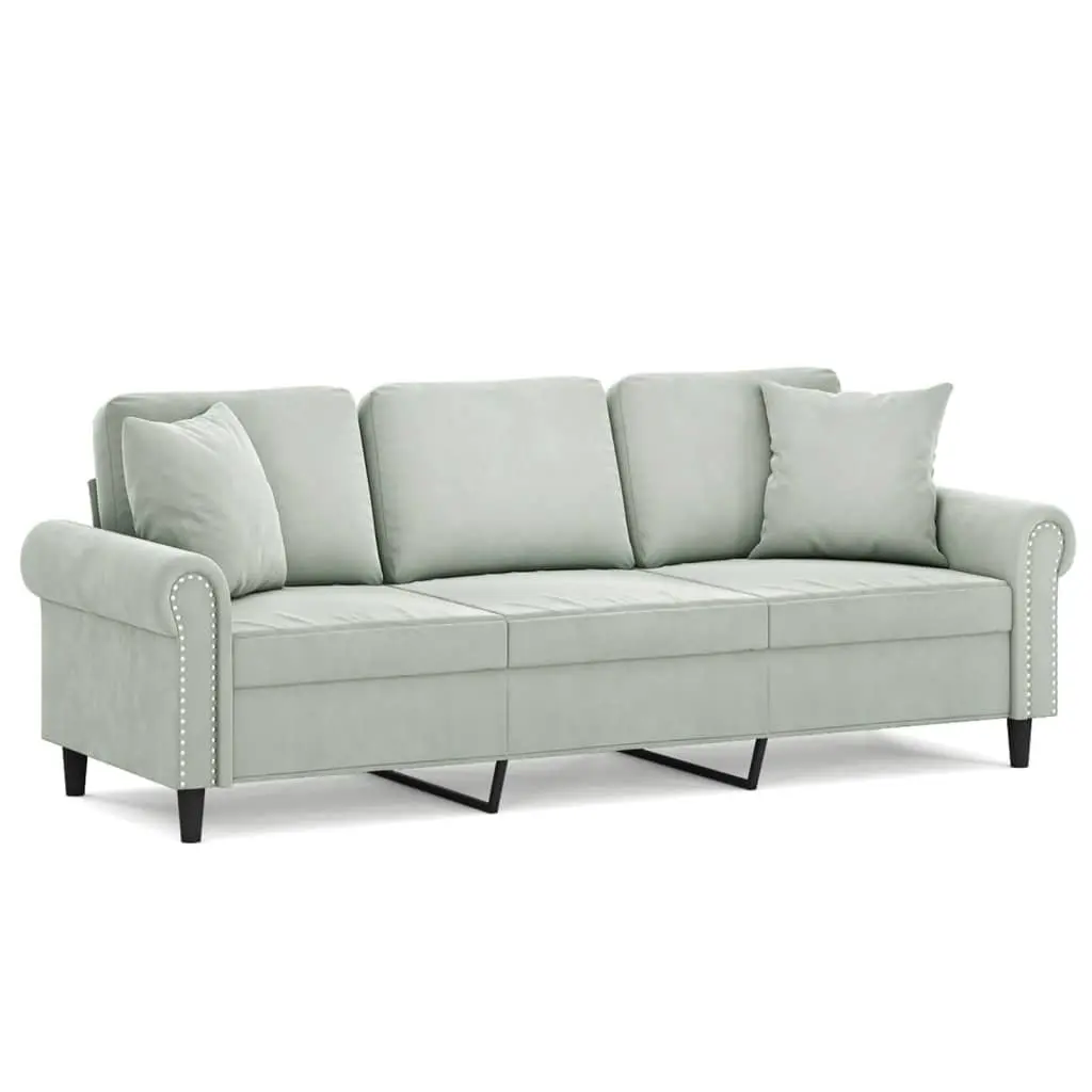 3-Seater Sofa Light Grey Velvet 180cm Metal Frame with Throw Pillows