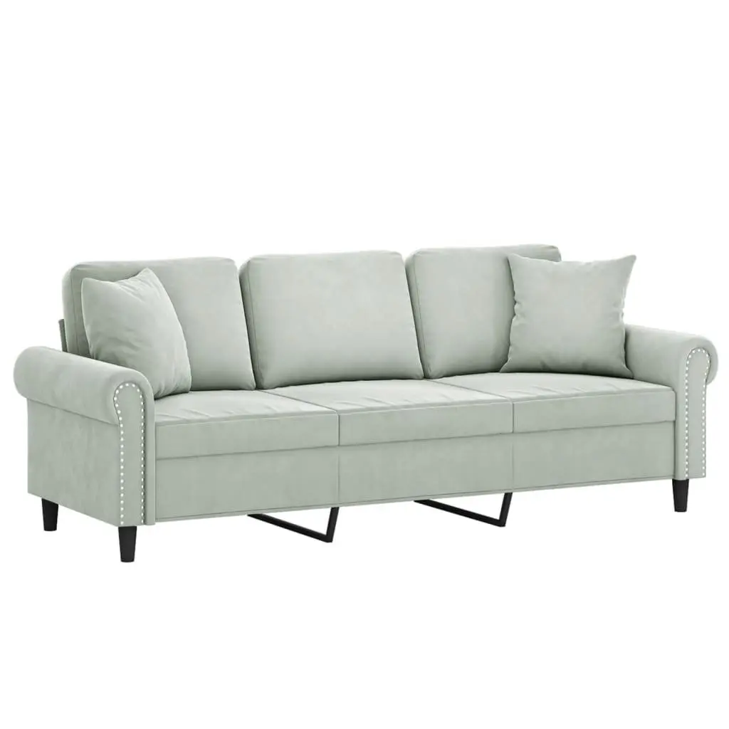3-Seater Sofa Light Grey Velvet 180cm Metal Frame with Throw Pillows