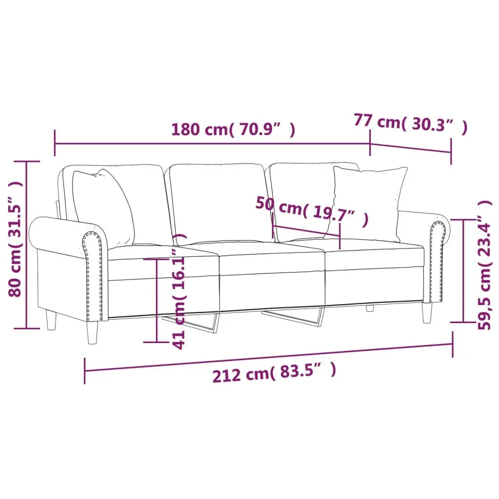 3-Seater Sofa Light Grey Velvet 180cm Metal Frame with Throw Pillows