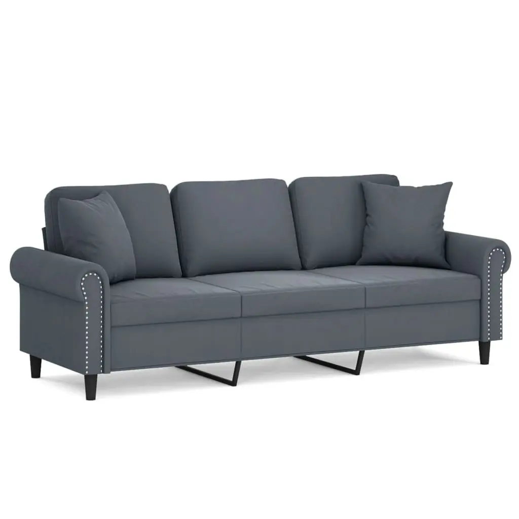 3-Seater Sofa Modern Grey 180cm Velvet Upholstery Metal Frame