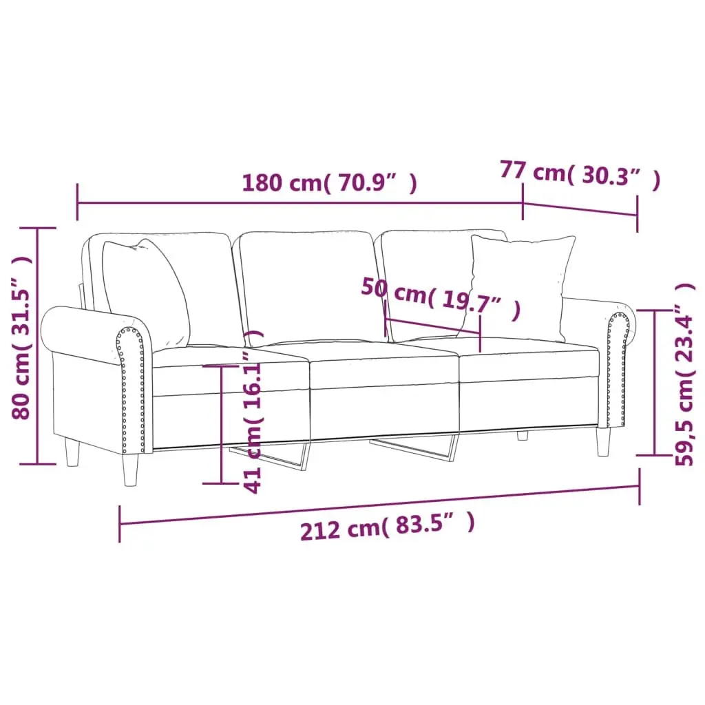 3-Seater Sofa Modern Grey 180cm Velvet Upholstery Metal Frame