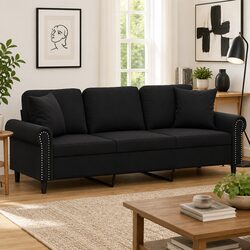 Modern 3-Seater Black Velvet Sofa with Pillows