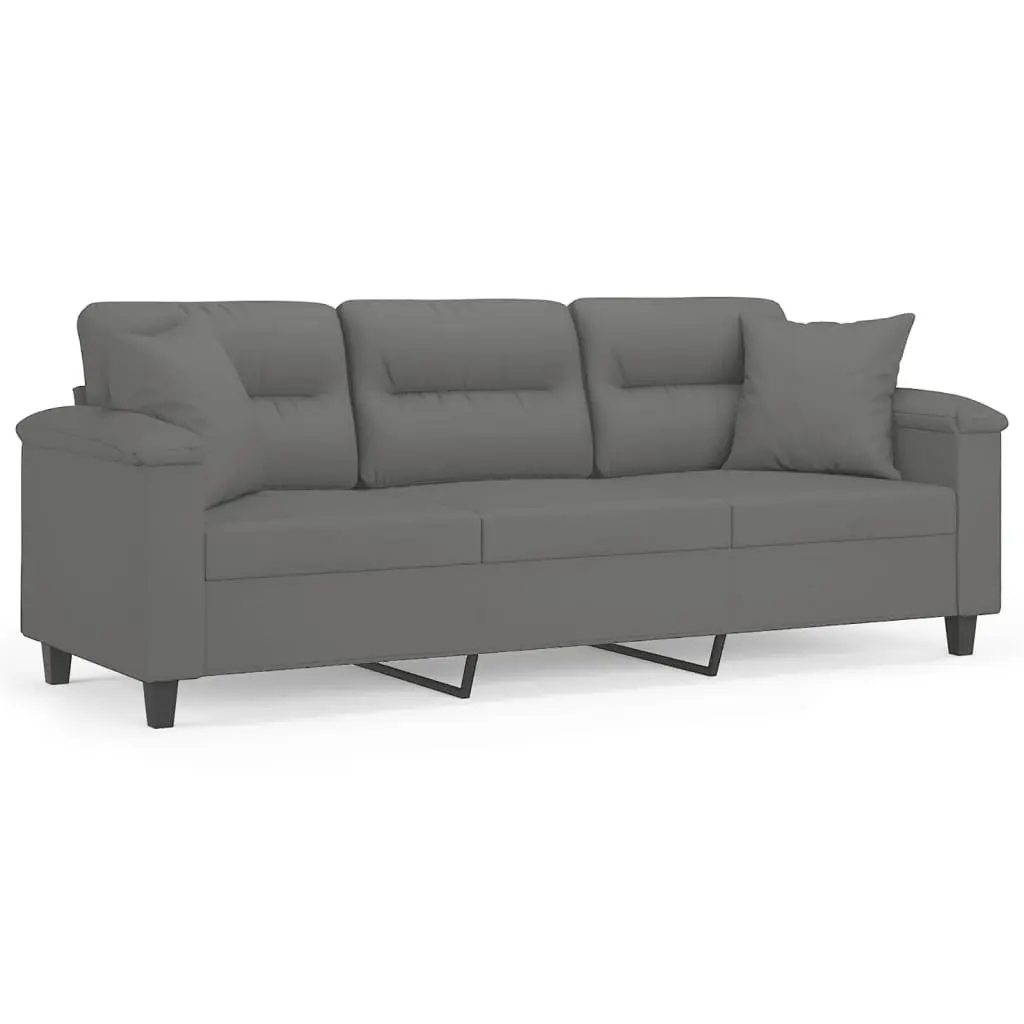 3-Seater Sofa Grey Microfibre Modern 180cm Metal Frame with Throw Pillows