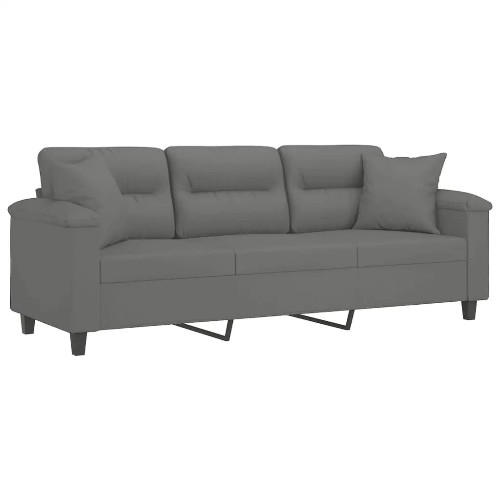 3-Seater Sofa Grey Microfibre Modern 180cm Metal Frame with Throw Pillows