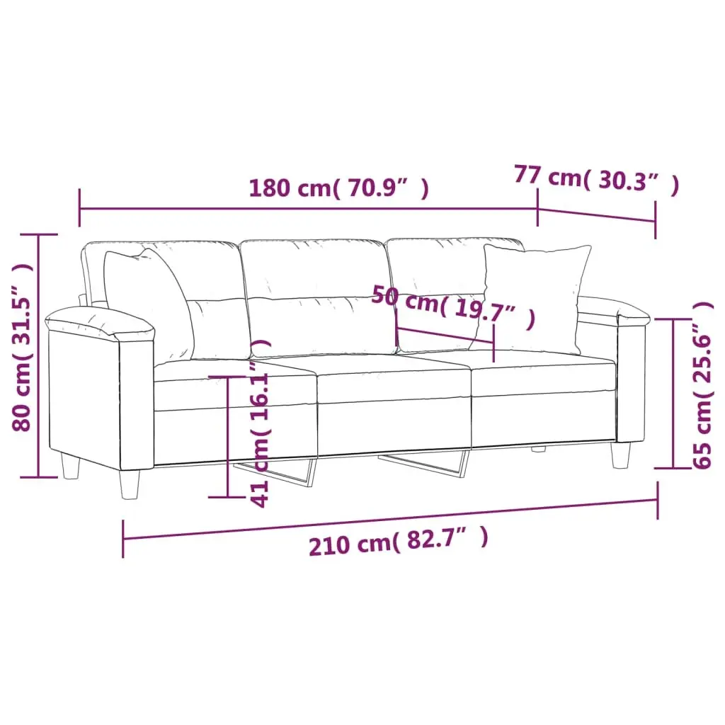 3-Seater Sofa Grey Microfibre Modern 180cm Metal Frame with Throw Pillows