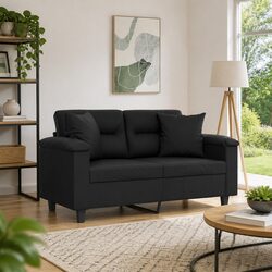 Modern Black Faux Leather 2-Seater Sofa with Pillows