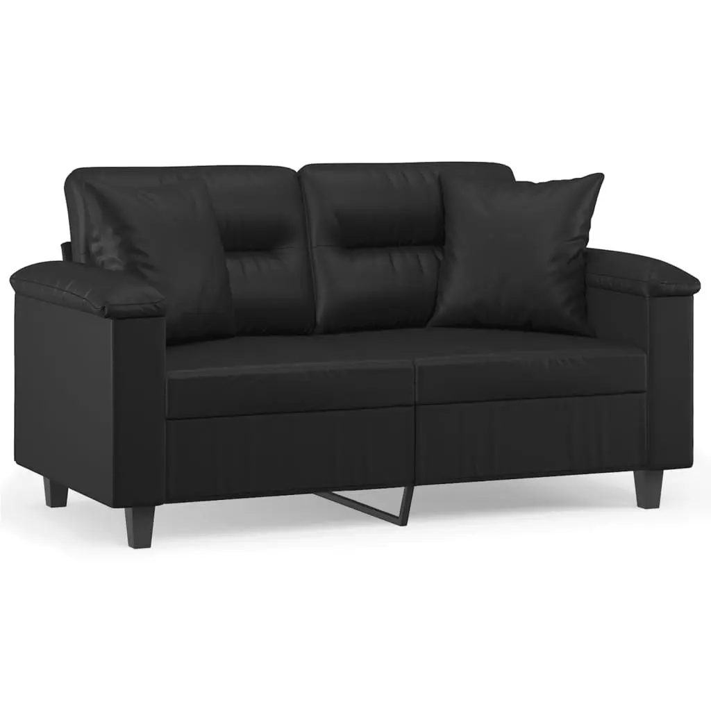 2-Seater Sofa Modern Black Faux Leather 120cm Metal Frame with Throw Pillows