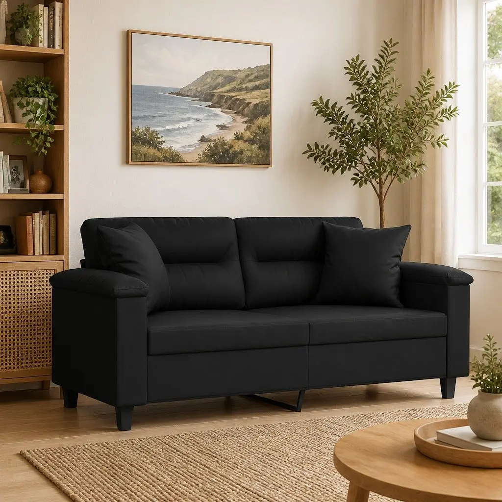 Black Faux Leather Sofa 2-Seater 140cm with Decorative Throw Pillows