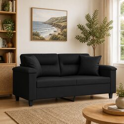 Black Faux Leather 2-Seater Sofa with Pillows 140cm