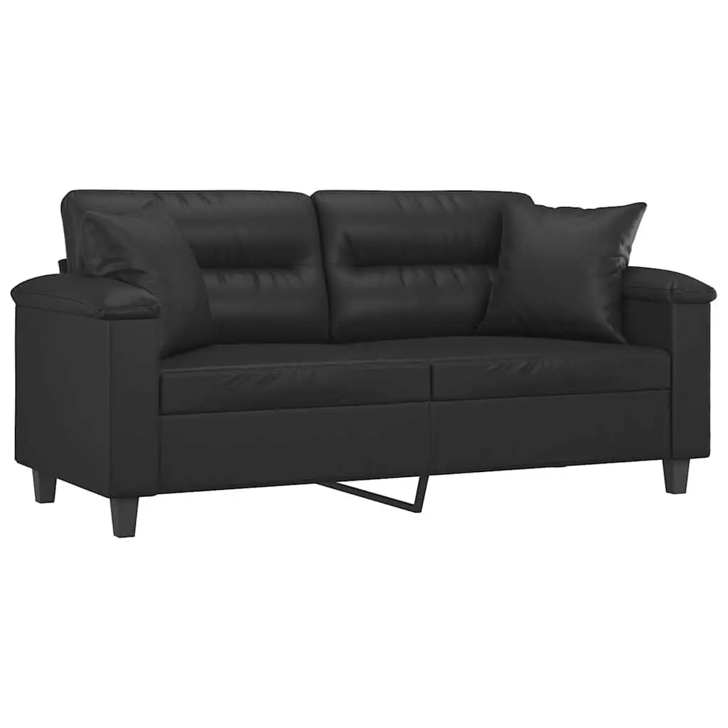 Black Faux Leather Sofa 2-Seater 140cm with Decorative Throw Pillows