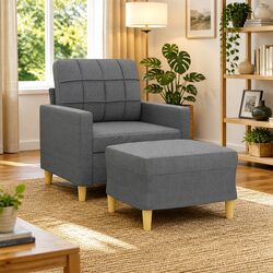 Grey Fabric Armchair with Footstool for Living Rooms