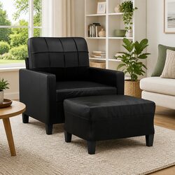 Black Faux Leather Sofa Chair with Footstool