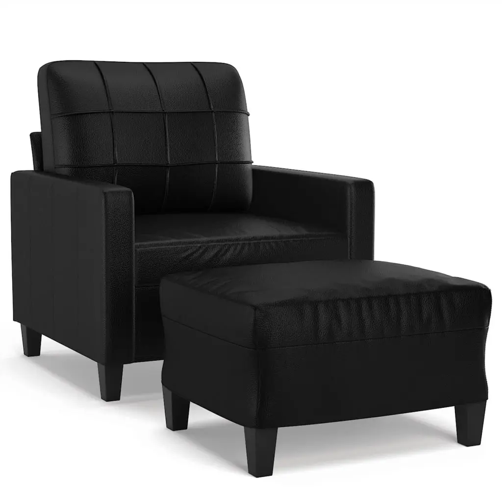 Sofa Armchair with Footstool Black Faux Leather Accent Chair Living Room Seat