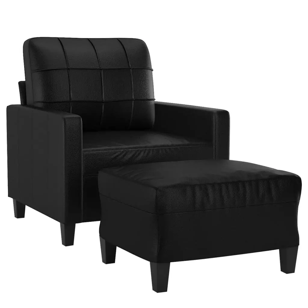 Sofa Armchair with Footstool Black Faux Leather Accent Chair Living Room Seat