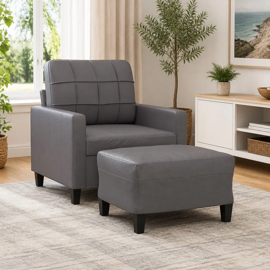 Grey Faux Leather Sofa Chair with Footstool