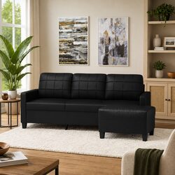 Elegant 3-Seater Sofa with Footstool in Black Faux Leather
