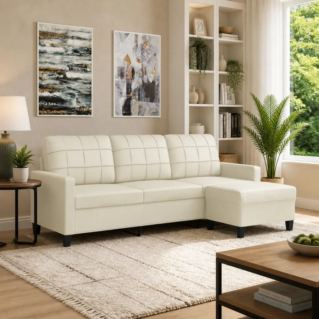 3-Seater Sofa Cream 180cm Faux Leather Lounge Couch with Footstool
