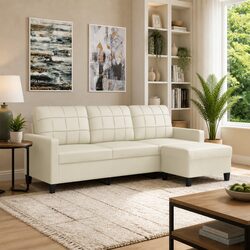 Cream Faux Leather 3-Seater Sofa with Footstool