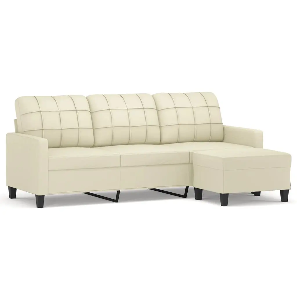 3-Seater Sofa Cream 180cm Faux Leather Lounge Couch with Footstool