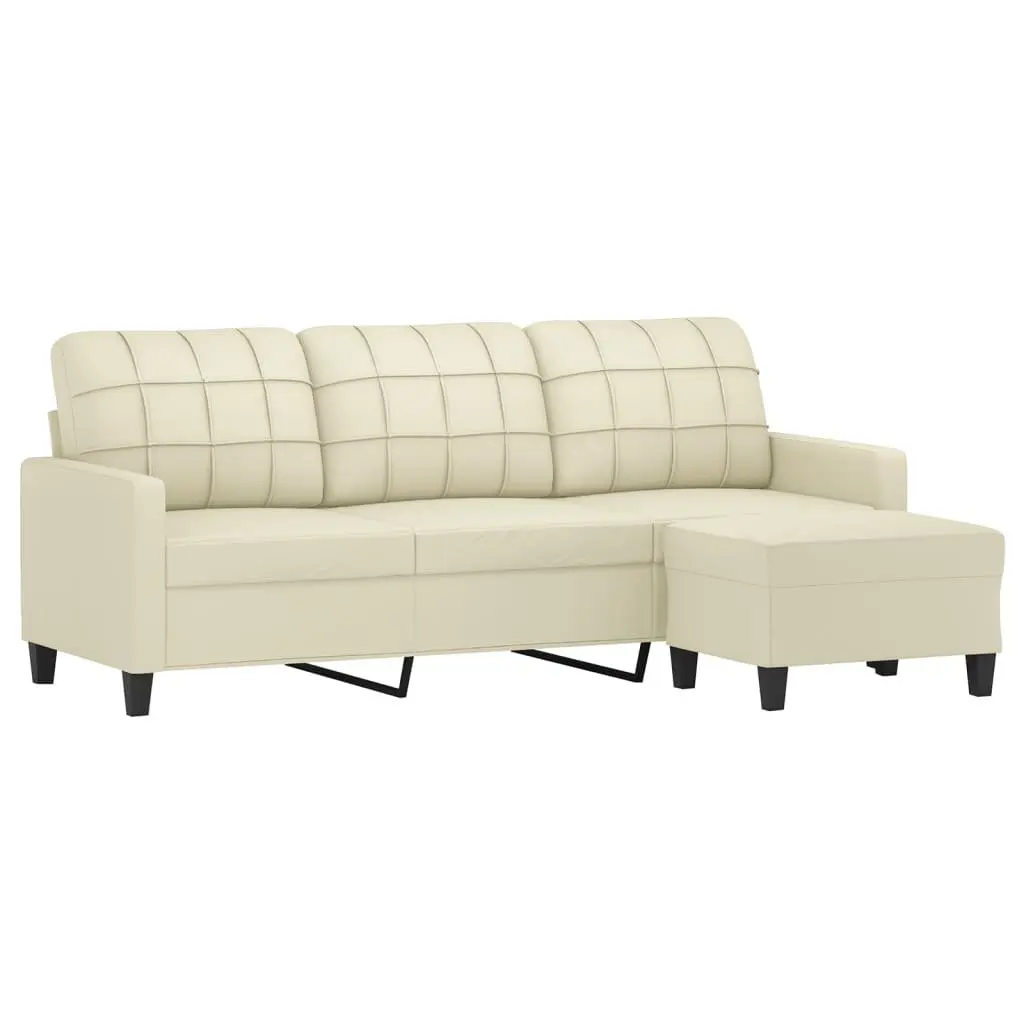 3-Seater Sofa Cream 180cm Faux Leather Lounge Couch with Footstool