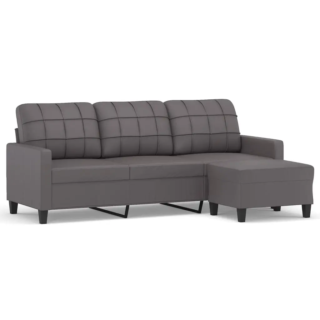 3 Seater Sofa Footstool Grey Faux Leather 180 cm Modern Living Room Couch