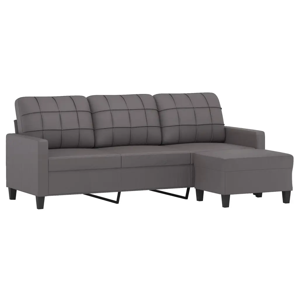 3 Seater Sofa Footstool Grey Faux Leather 180 cm Modern Living Room Couch