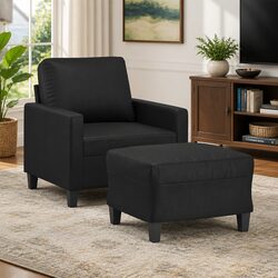 Comfortable Black Faux Leather Sofa Chair with Footstool