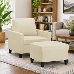 Comfortable Cream Faux Leather Sofa Chair with Footstool