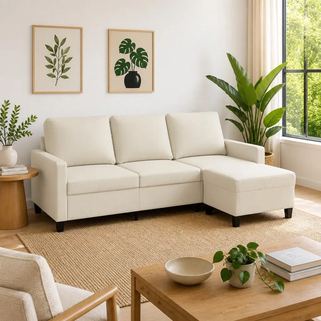 3-Seater Sofa Cream 180cm Faux Leather Lounge Couch with Footstool