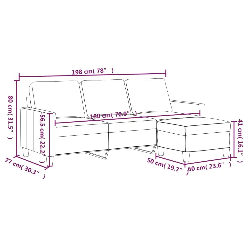 3-Seater Sofa Cream 180cm Faux Leather Lounge Couch with Footstool