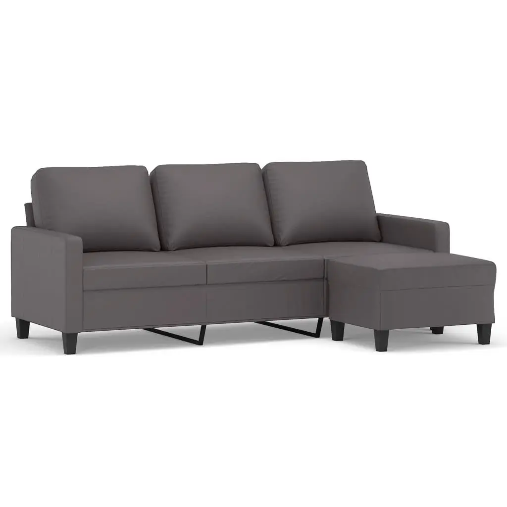 3-Seater Sofa Grey 180cm Faux Leather with Footstool