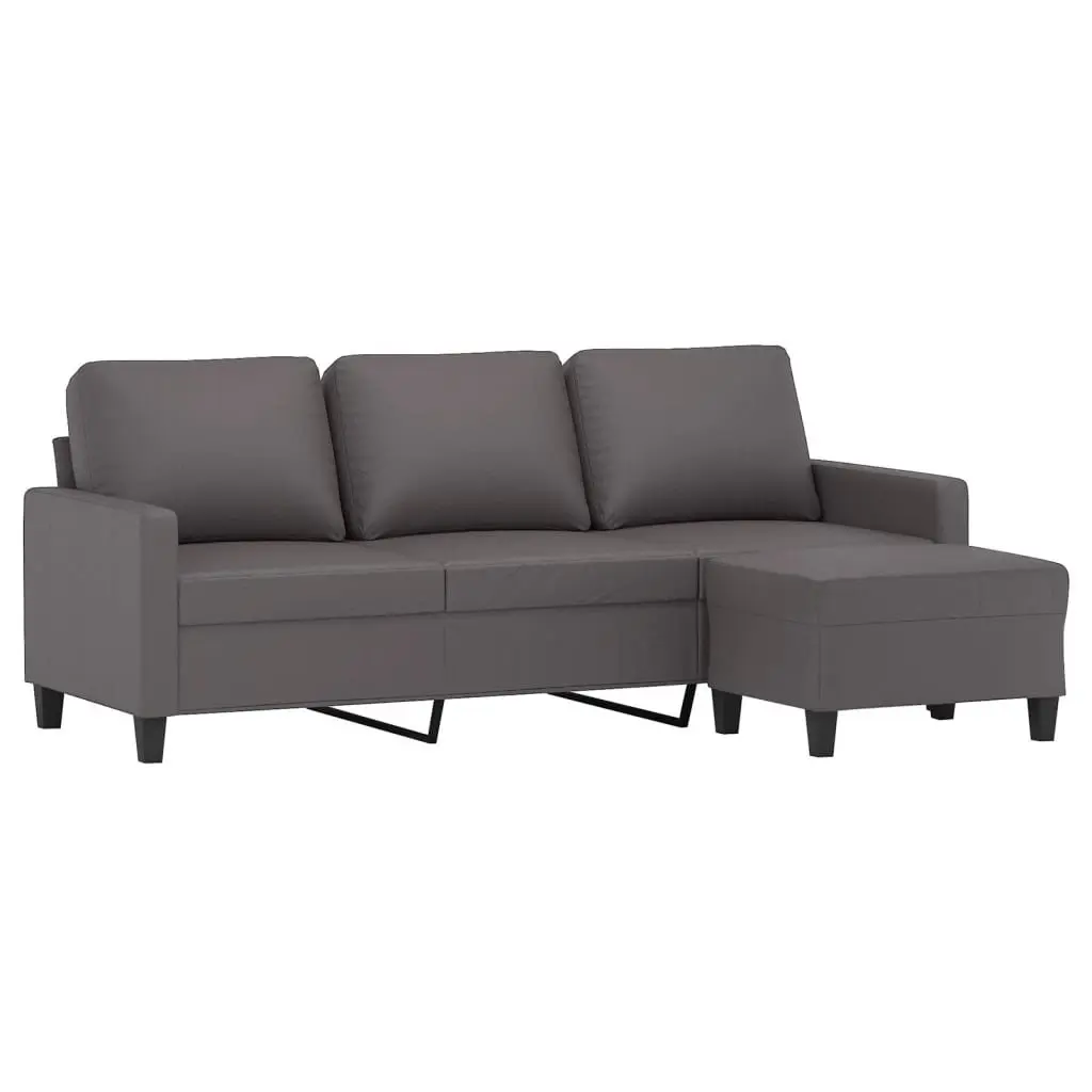 3-Seater Sofa Grey 180cm Faux Leather with Footstool