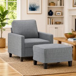 Grey Fabric Sofa Chair with Footstool for Living Room