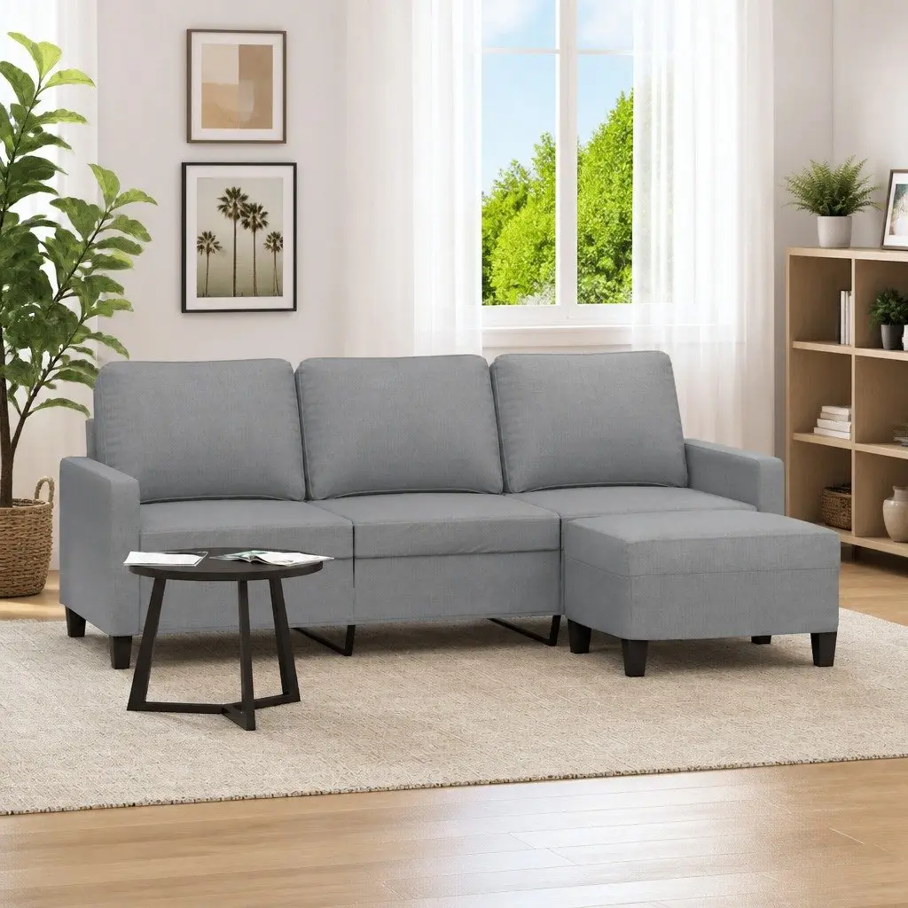 3-Seater Sofa Grey Fabric 180cm Plywood and Metal Frame with Footstool
