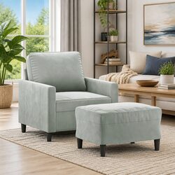Grey Velvet Sofa Chair with Footstool for Cozy Living Spaces