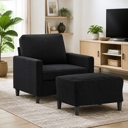 Stylish Black Velvet Sofa Chair with Footstool