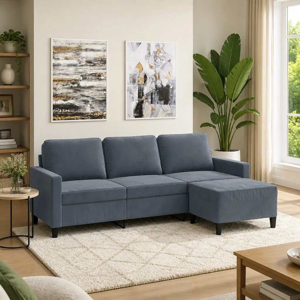 3-Seater Sofa Grey Velvet 180cm Plywood and Metal Living Room Furniture