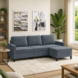 Grey Velvet 3-Seater Sofa with Footstool for Living Rooms