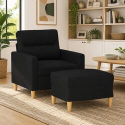 Cozy Black Fabric Sofa Chair with Footstool 60cm