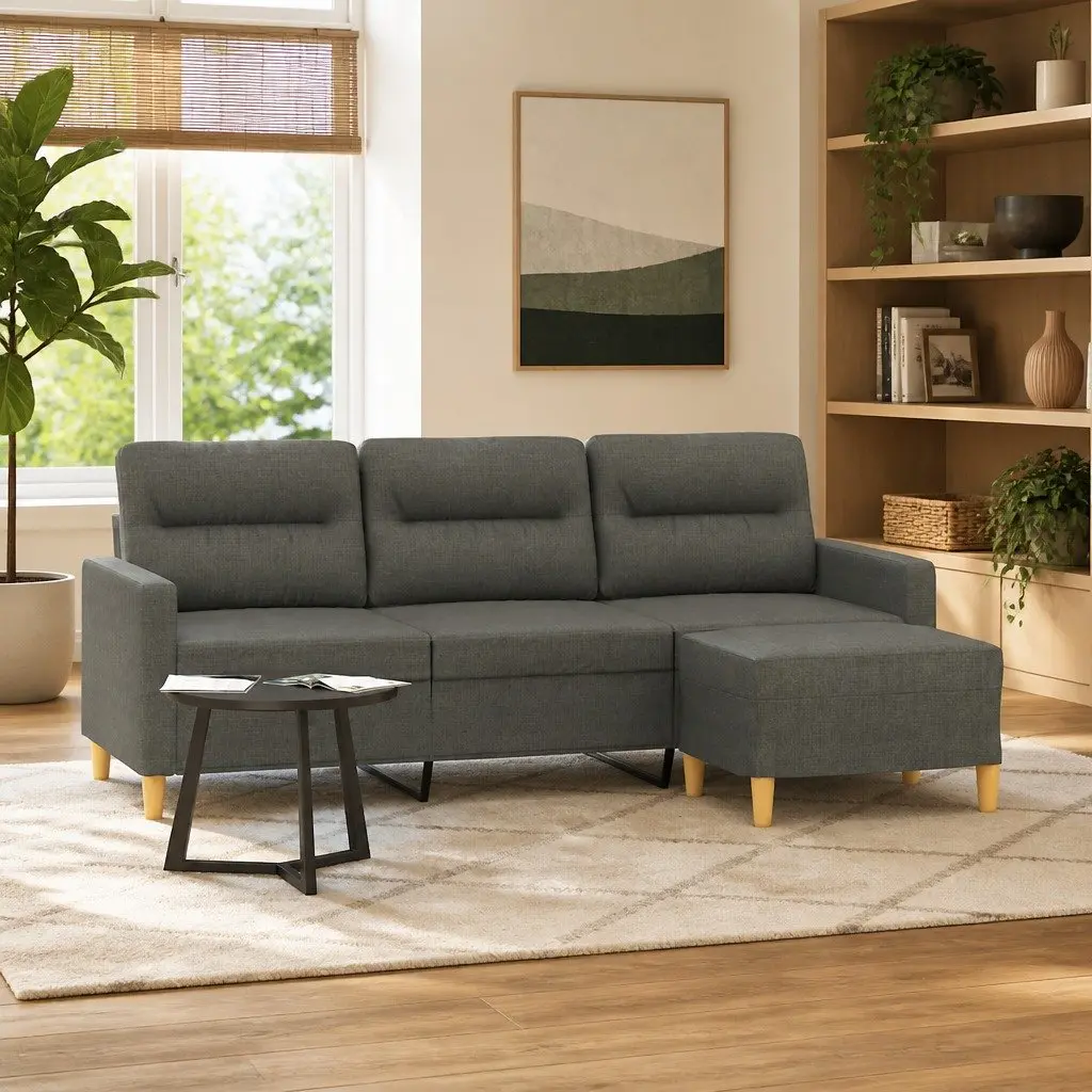 3-Seater Sofa Grey 180cm Fabric with Footstool Modern Living Room Furniture Couch
